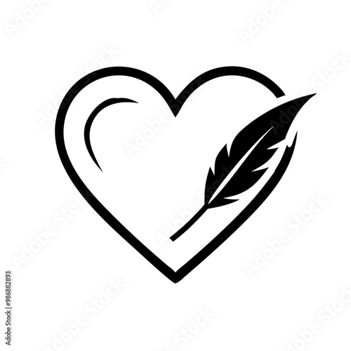 Heart with feather icon for love, creativity, art, black and white, vector design
