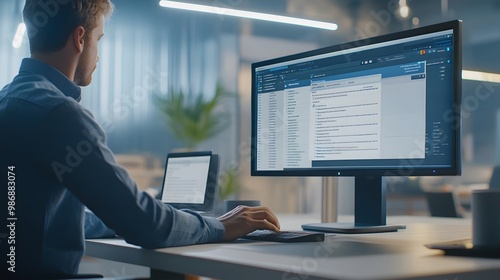 Computer user managing an email message and communication with a client mail list. photo