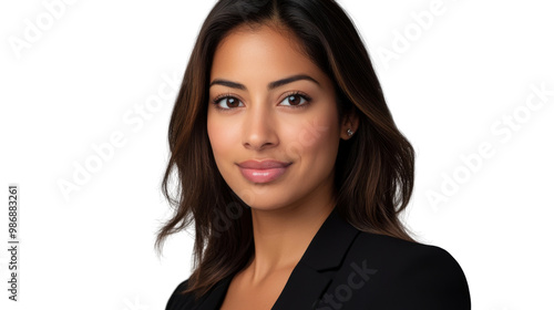 A woman with long hair is wearing a black suit and smiling. isolated on transparent background, PNG file