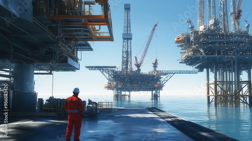 An offshore oil platform set against a bright blue sky, with towering drilling rigs and cranes actively operating