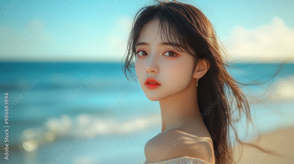 A stunning girl in a soft outfit stands at the seaside, her long hair gently framing her fair face and enchanting features. A stunning girl in a soft outfit stands at the seaside, her long hair gently framing her fair face and enchanting features.