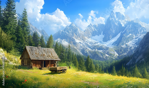 mountain, landscape, hut, nature, sky, alps, mountain hut, house, forest photo