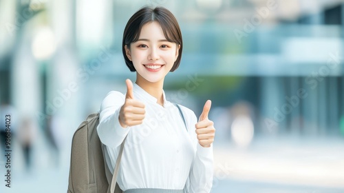 A cheerful Korean woman in a white shirt and grey skirt poses with a thumbsup, showcasing confidence and style.