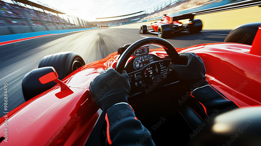 Obraz premium High-speed Formula 1 cockpit view racing to the finish line with intense competition on a modern race track.