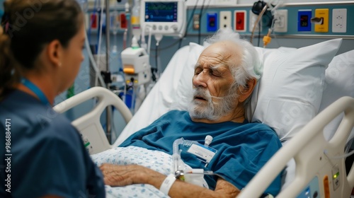 Old Patient Lying in Bed: A Senior Man Receiving Medicine and Treatment from a Nurse in a Hospital Room, Focusing on Health Care and Recovery from Illness