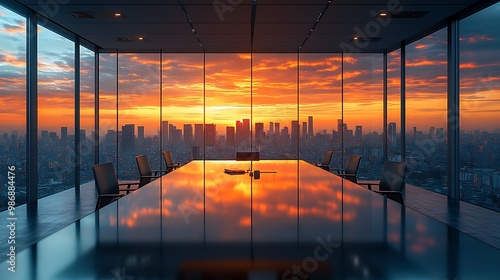 Modern conference room with panoramic city view and sunset reflected in the table.