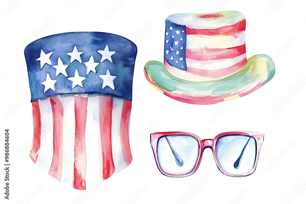Fototapeta premium 4th July festive vector set isolated on white background. USA Independence Day elements with American flag, sweets, balloons, fireworks, glasses, garland. For Poster, Banner for sale, web template