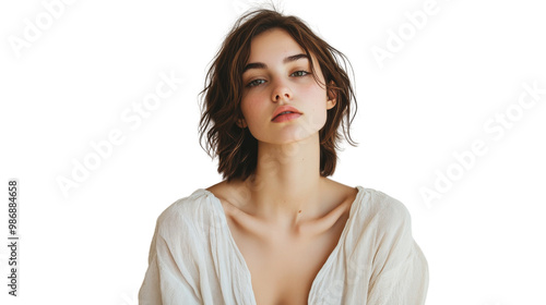 A woman with short brown hair and a white shirt. isolated on transparent background, PNG file