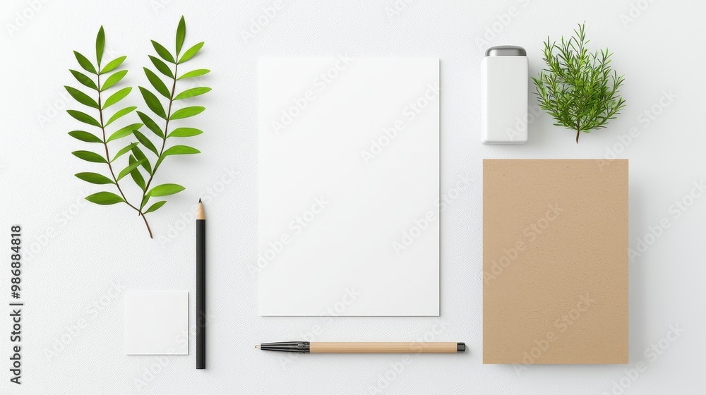 Minimalist Workspace with Greenery and Stationery Minimalist Workspace with Greenery and Stationery