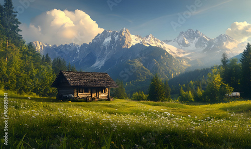 mountain, landscape, hut, nature, sky, alps, mountain hut, house, forest photo