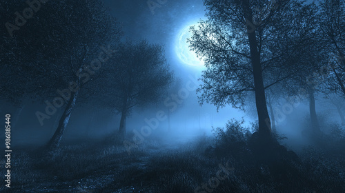 Eerie forest at night with thick fog and bright moon illuminating scene, creating mysterious and haunting atmosphere