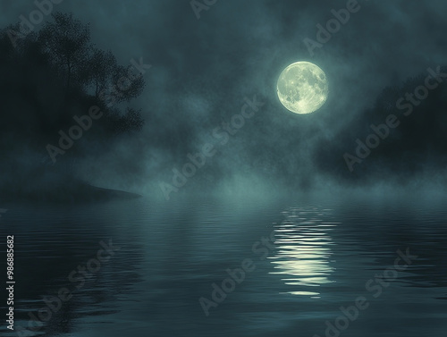 spooky mist covered lake at night, illuminated by full moon, creates eerie atmosphere. calm water reflects moonlight, enhancing mysterious vibe of scene