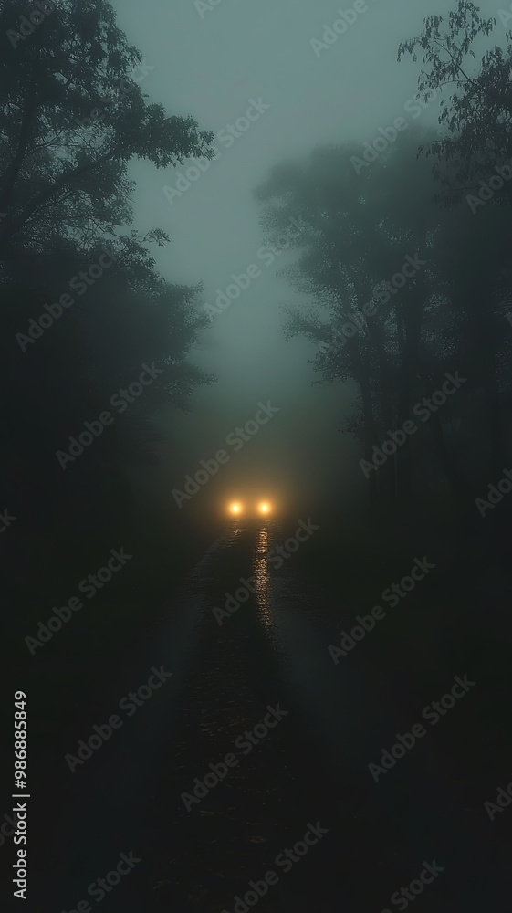 Naklejka premium mysterious fog covered road leads into unknown, illuminated by headlights of car. surrounding trees create eerie atmosphere, enhancing sense of adventure