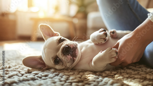 A French Bulldog puppy with a playful expression, lying belly up on a soft rug in a sunlit room, as its owner tickles its stomach, making the puppy legs kick in delight. photo