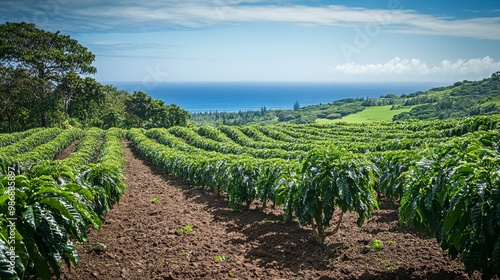 Rows of coffee plants on Hawaii Island with the ocean visible in the distance
