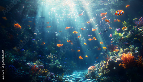 A dreamy underwater scene with schools of colorful fish, corals, and rays of sunlight penetrating through the water’s surface