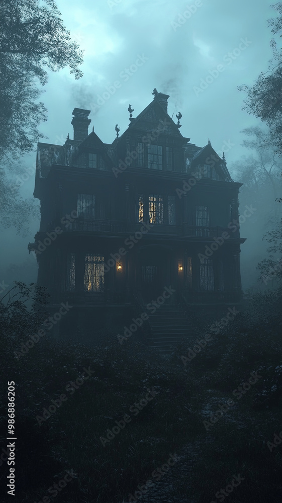 Haunted Victorian house at night, shrouded in mist, evokes sense of mystery and eeriness. dimly lit windows add to haunting atmosphere, surrounded by overgrown foliage Haunted Victorian house at night, shrouded in mist, evokes sense of mystery and eeriness. dimly lit windows add to haunting atmosphere, surrounded by overgrown foliage