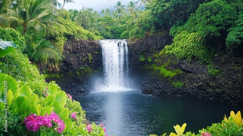 Scenic waterfall in Hawaii surrounded by lush greenery and tropical flowers