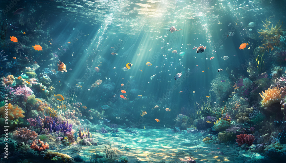 A dreamy underwater scene with schools of colorful fish, corals, and rays of sunlight penetrating through the water’s surface A dreamy underwater scene with schools of colorful fish, corals, and rays of sunlight penetrating through the water’s surface