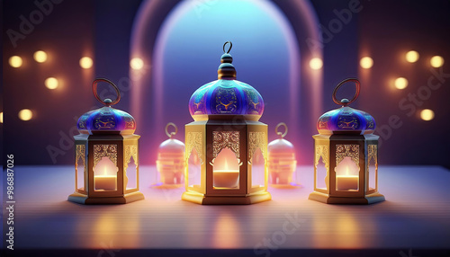 Wooden table decorated with Ramadan ornaments and small gift boxes.