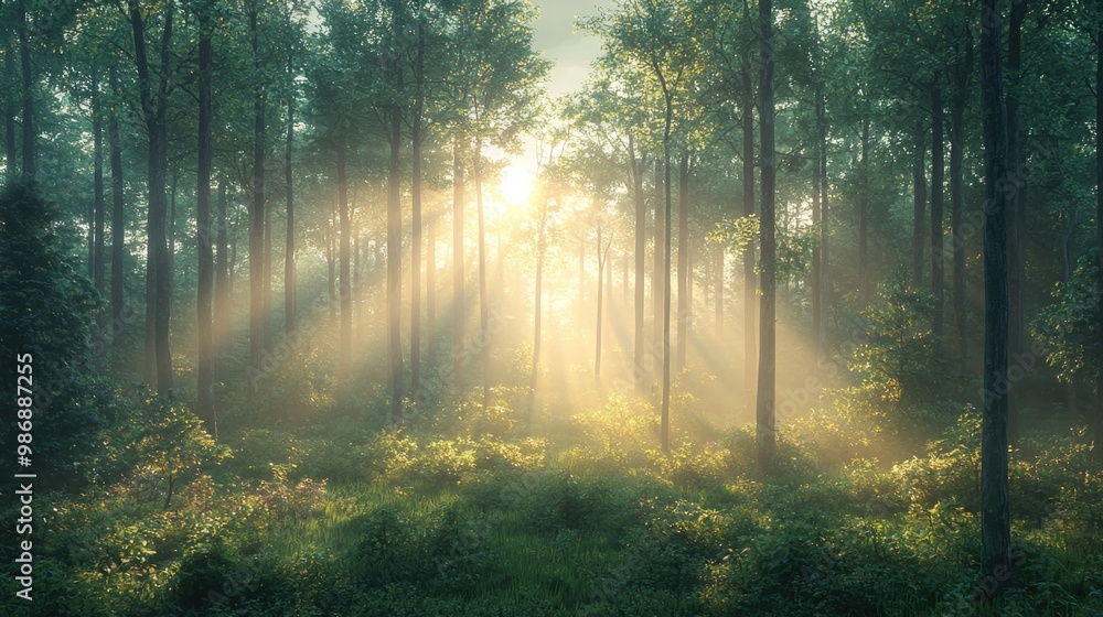 Obraz premium Sunlight filtering through a serene forest landscape