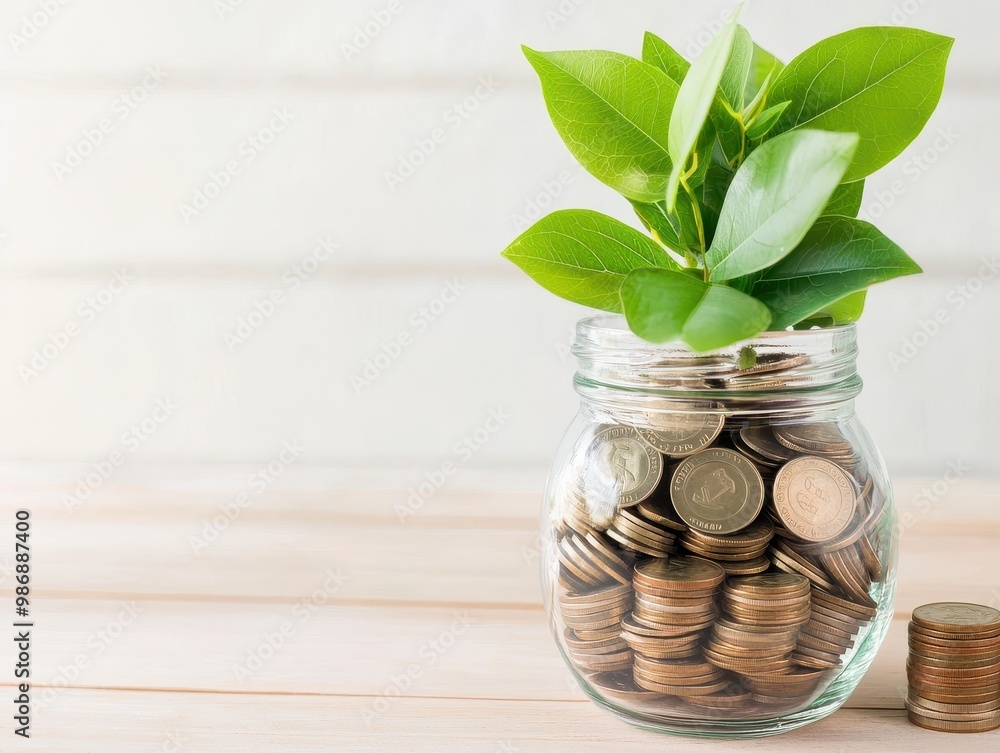 A jar filled with coins and green leaves symbolizes growth and investment, isolated on a light wooden background. A jar filled with coins and green leaves symbolizes growth and investment, isolated on a light wooden background.
