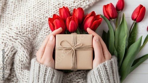 A cozy scene featuring a gift box and red tulips, perfect for celebrations and special moments, showcasing warmth and affection.