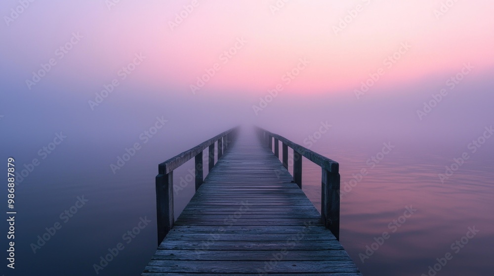 Serene wooden pier shrouded in morning fog Serene wooden pier shrouded in morning fog