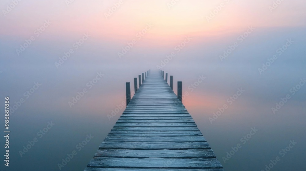 Fototapeta premium Serene wooden pier extending into a misty dawn