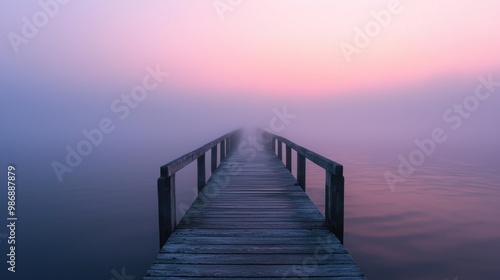 Serene wooden pier shrouded in morning fog