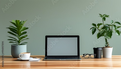 Sleek minimalist office desk featuring laptop, glasses, coffee mug, and greenery with ample copy space