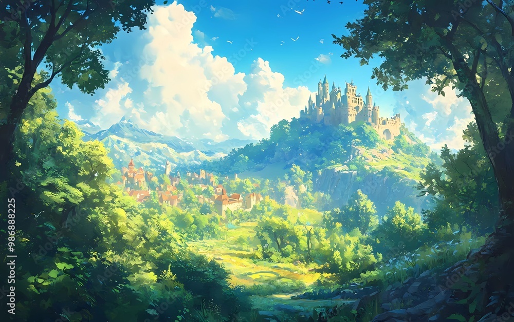 A fantasy landscape with an old castle in the background, lush greenery, and a blue sky, colorful. A fantasy landscape with an old castle in the background, lush greenery, and a blue sky, colorful.