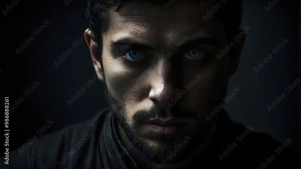 Title suggestion for the image:
Handsome bearded man with a serious expression, looking confident in a close-up portrait against a dark background Title suggestion for the image:
Handsome bearded man with a serious expression, looking confident in a close-up portrait against a dark background