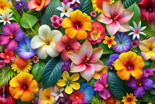 Vibrant display of tropical flowers in various colors and textures