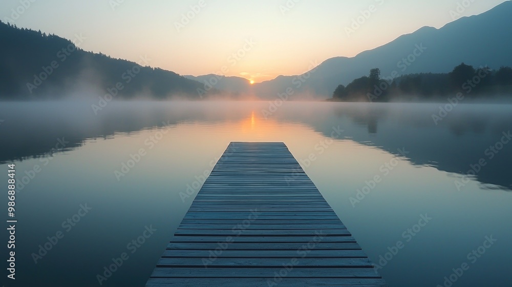 Serene lake at sunrise with misty mountains in the background Serene lake at sunrise with misty mountains in the background
