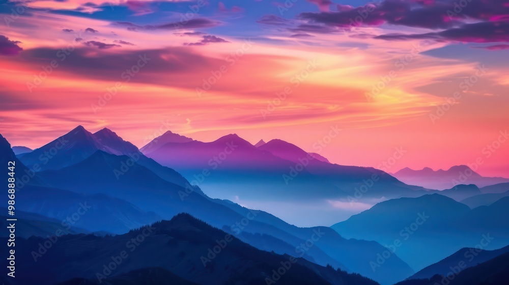 A majestic mountain range silhouetted against the colorful sky at dusk, with shades of pink, orange, and purple blending together as the sun sets behind the peaks. A majestic mountain range silhouetted against the colorful sky at dusk, with shades of pink, orange, and purple blending together as the sun sets behind the peaks.