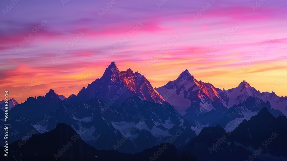 A majestic mountain range silhouetted against the colorful sky at dusk, with shades of pink, orange, and purple blending together as the sun sets behind the peaks. A majestic mountain range silhouetted against the colorful sky at dusk, with shades of pink, orange, and purple blending together as the sun sets behind the peaks.