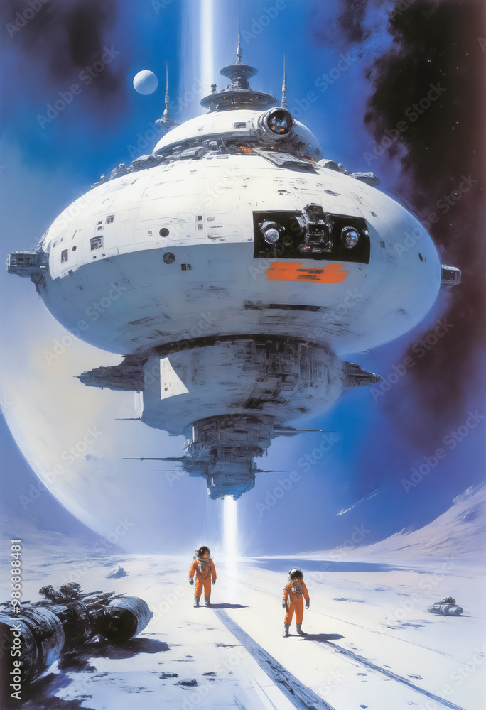 Obraz premium 宇宙船が星に着陸して乗組員が地表に降り立った,AI画像,Generative AI