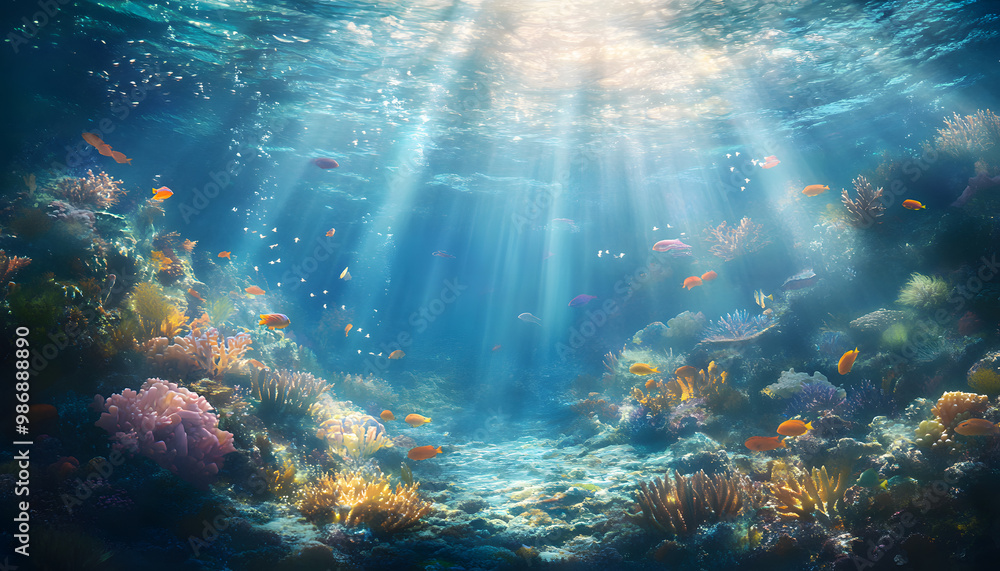 A dreamy underwater scene with schools of colorful fish, corals, and rays of sunlight penetrating through the water’s surface A dreamy underwater scene with schools of colorful fish, corals, and rays of sunlight penetrating through the water’s surface