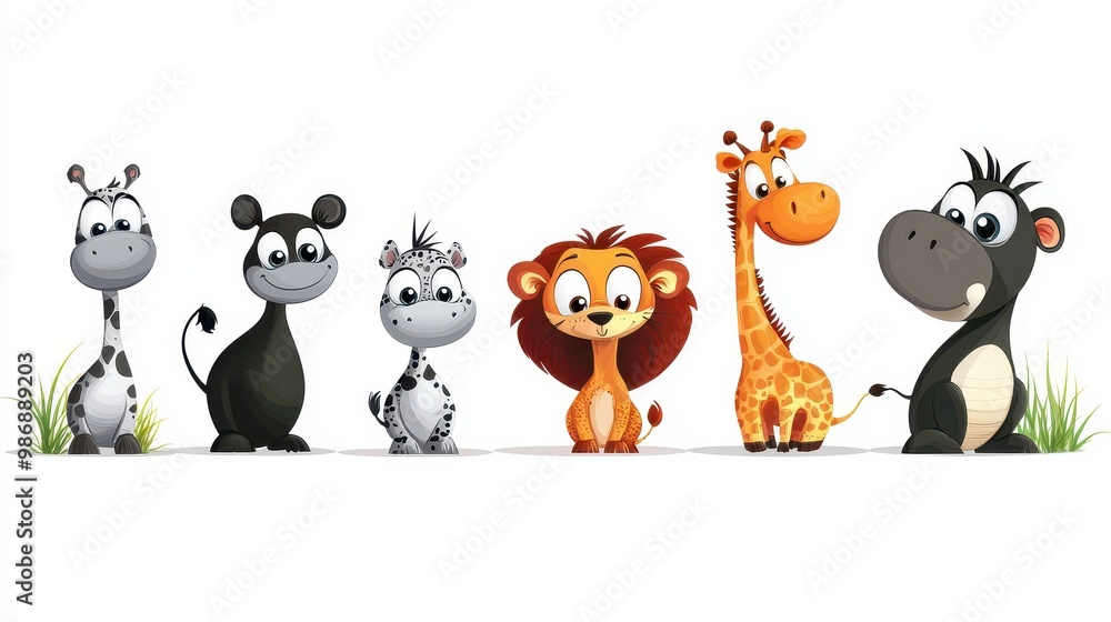 Naklejka premium Cute Cartoon Animals in a Fun Line-Up