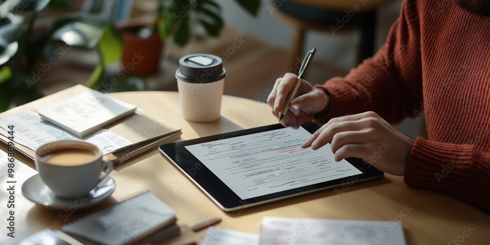 Hands using a tablet with highlighted text, coffee cup, and documents on a wooden table, while taking notes. Hands using a tablet with highlighted text, coffee cup, and documents on a wooden table, while taking notes.