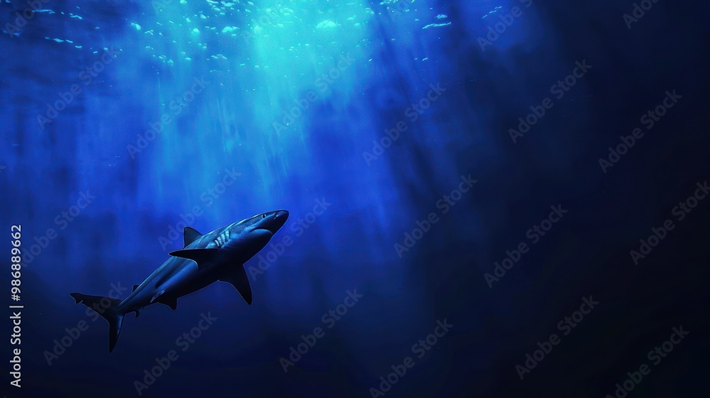 A powerful shark swimming in the deep ocean, with a sense of mystery and awe in the vast blue surroundings. A powerful shark swimming in the deep ocean, with a sense of mystery and awe in the vast blue surroundings.