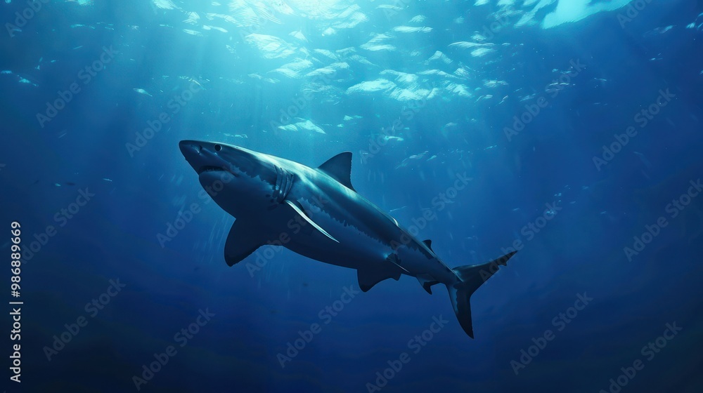 Obraz premium A powerful shark swimming in the deep ocean, with a sense of mystery and awe in the vast blue surroundings.