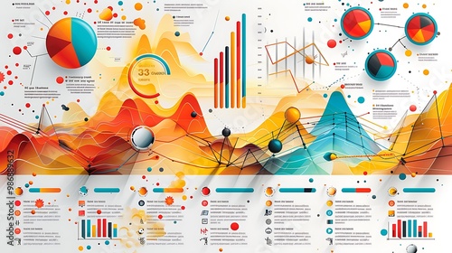 Infographic design with data visualization abstract graphs charts bright colors and shapes for business presentation marketing report and modern digital communication concept.