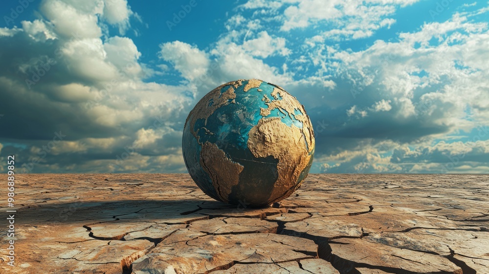 Climate Change Crisis: 3D Earth Globe with Cracked Dry Lake Bed Texture ...