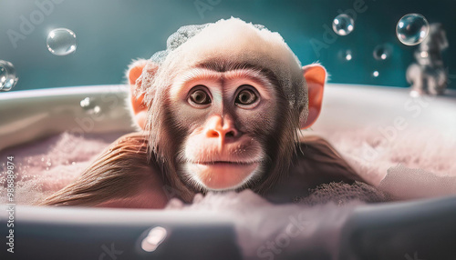 Monkey lying in the bathtub, soap foam on his head