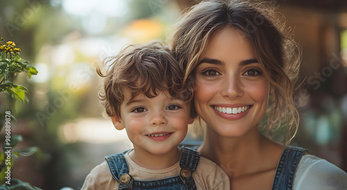 Happy Mother and Son Smiling While Having Fun in a Wheat Field, Embracing Joy and Connection in Nature During a Beautiful Sunny Day, Showcasing Love and Playful Bonding Moments 