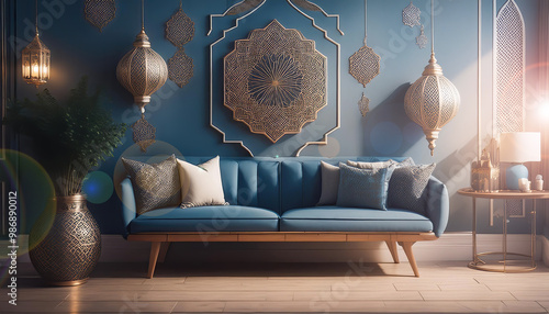 Simple living room decorated for Ramadan with wall ornaments.