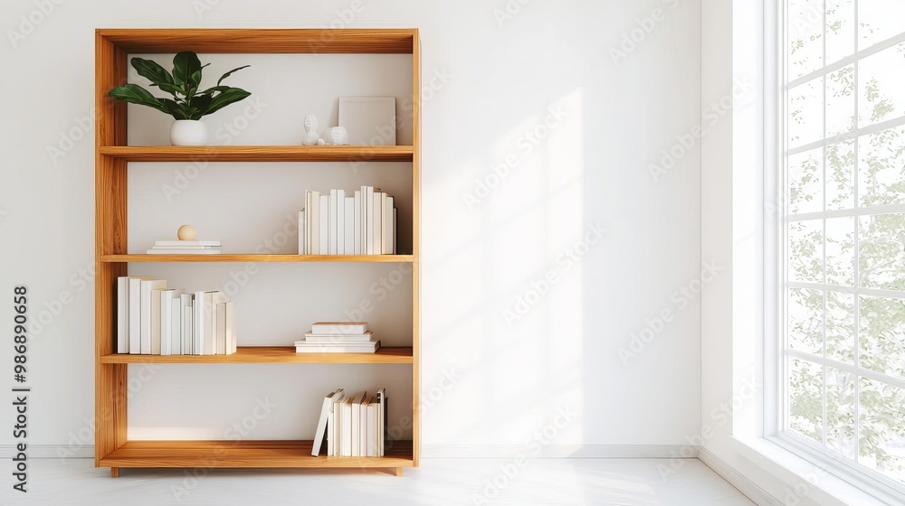 Pine wood bookshelf in a bright and airy bedroom Pine wood bookshelf in a bright and airy bedroom