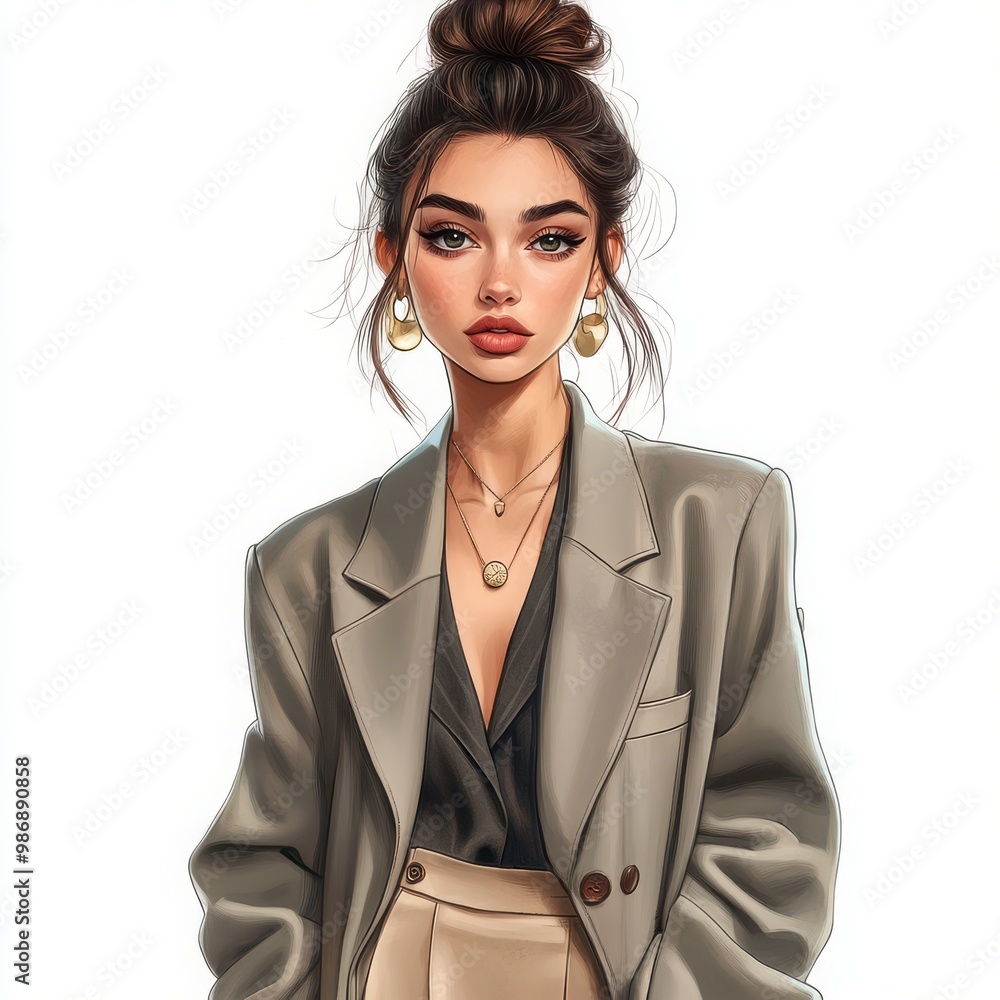 A hyper-realistic illustration of a young woman. She's dressed in an oversized blazer, a fitted midi skirt, and heeled boots, accessorized with minimalist jewelry. A hyper-realistic illustration of a young woman. She's dressed in an oversized blazer, a fitted midi skirt, and heeled boots, accessorized with minimalist jewelry.